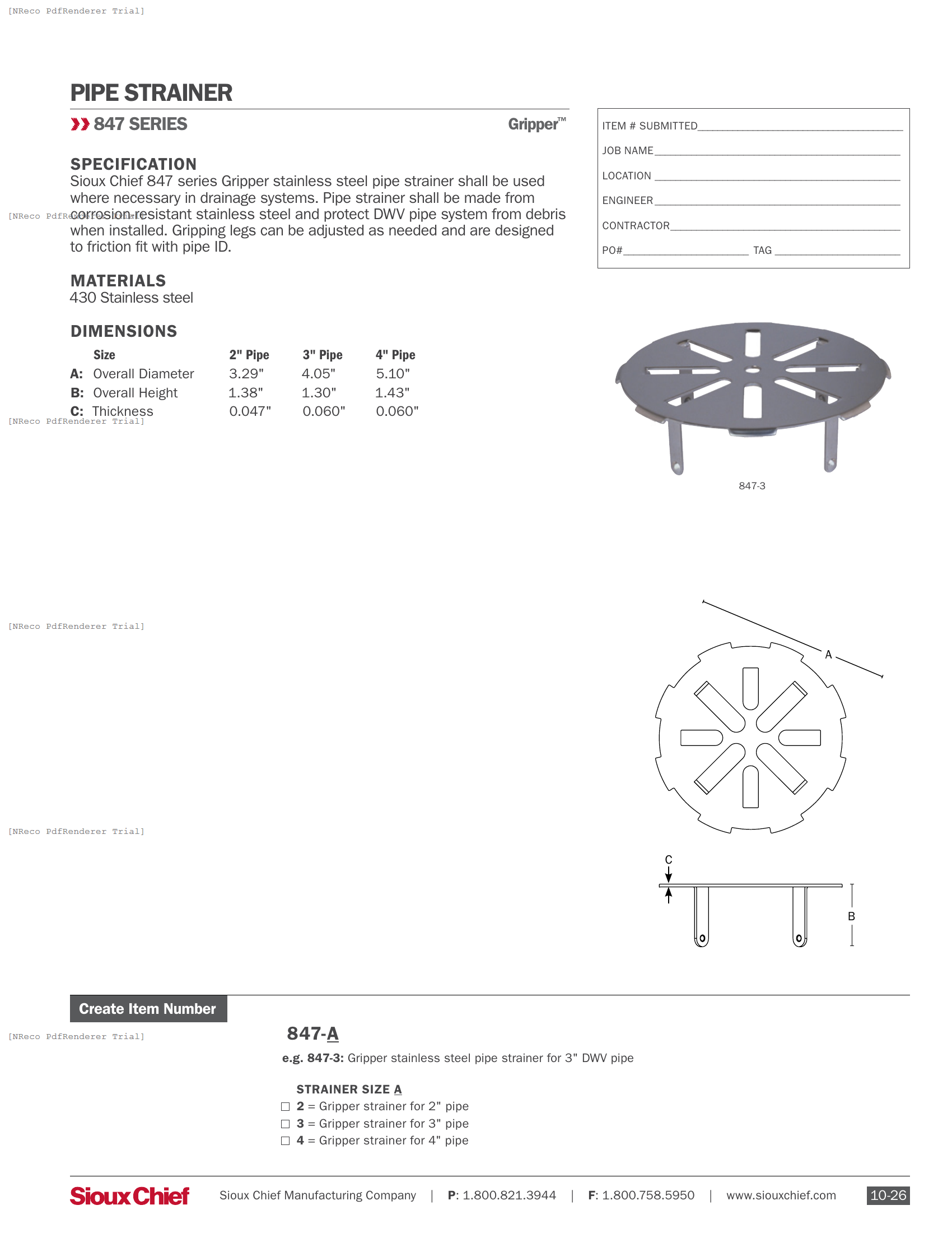 847 SERIES - GRIPPER PIPE STRAINER - SPEC SHEET.PDF Specification Document